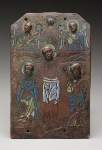はりつけを描いた聖遺物箱のプラークの断片、11751200（銅の上にエナメル質を彫り、金箔を施したもの）